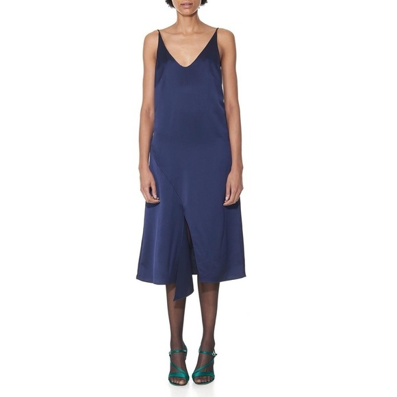 Tibi / Celestia Navy Blue Satin Slip Midi drape Dress 4 - Picture 1 of 8